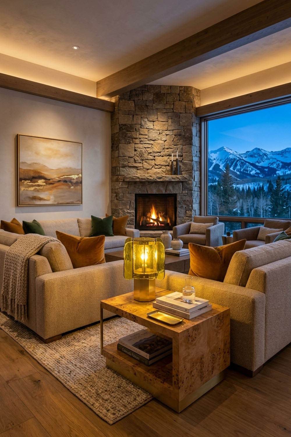 Cassagne Rippled Glass Panel Table Lamp | Rippled Glass and Brass | Displayed on a side table in a mountain lodge living room with a fireplace | Samu Lamp