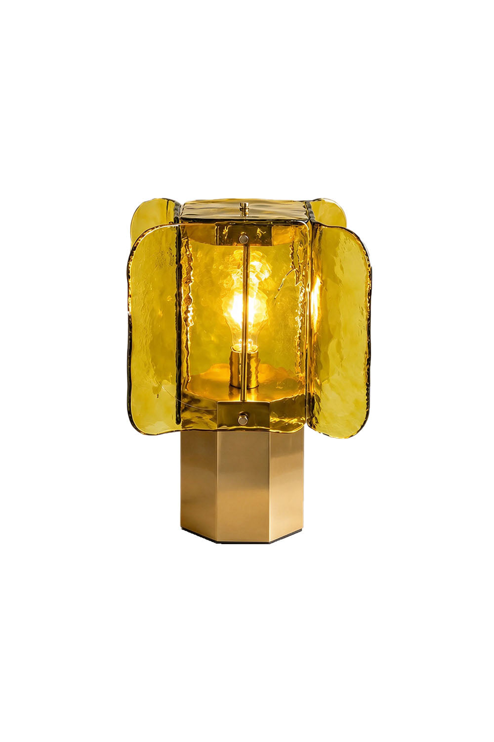 Cassagne Rippled Glass Panel Table Lamp | Rippled Glass and Brass | Front full view of amber glass lamp on a pure white background, illuminated | Samu Lamp