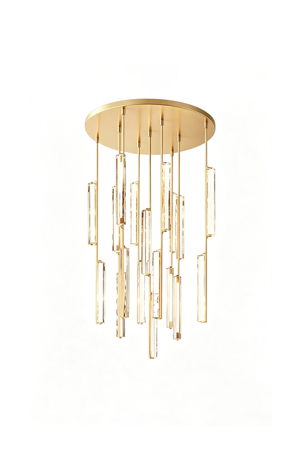 Cassian Cascading Crystal Ring Chandelier with brass-toned drops and K9 crystal prisms.