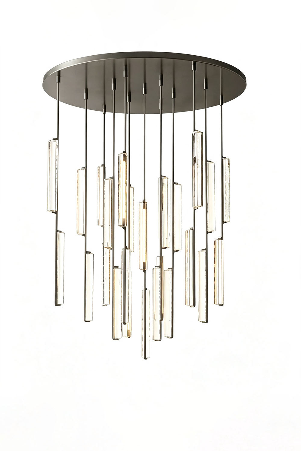 Cassian Cascading Crystal Ring Chandelier featuring hand-polished K9 crystal prisms and vertical brass-toned drops.