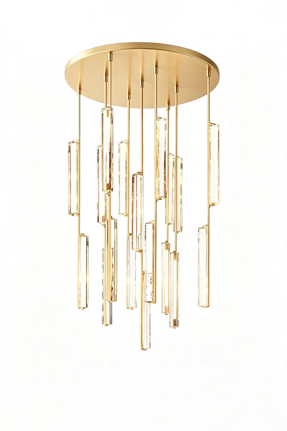 Cassian Cascading Crystal Ring Chandelier with K9 crystal prisms and brass-toned frame.