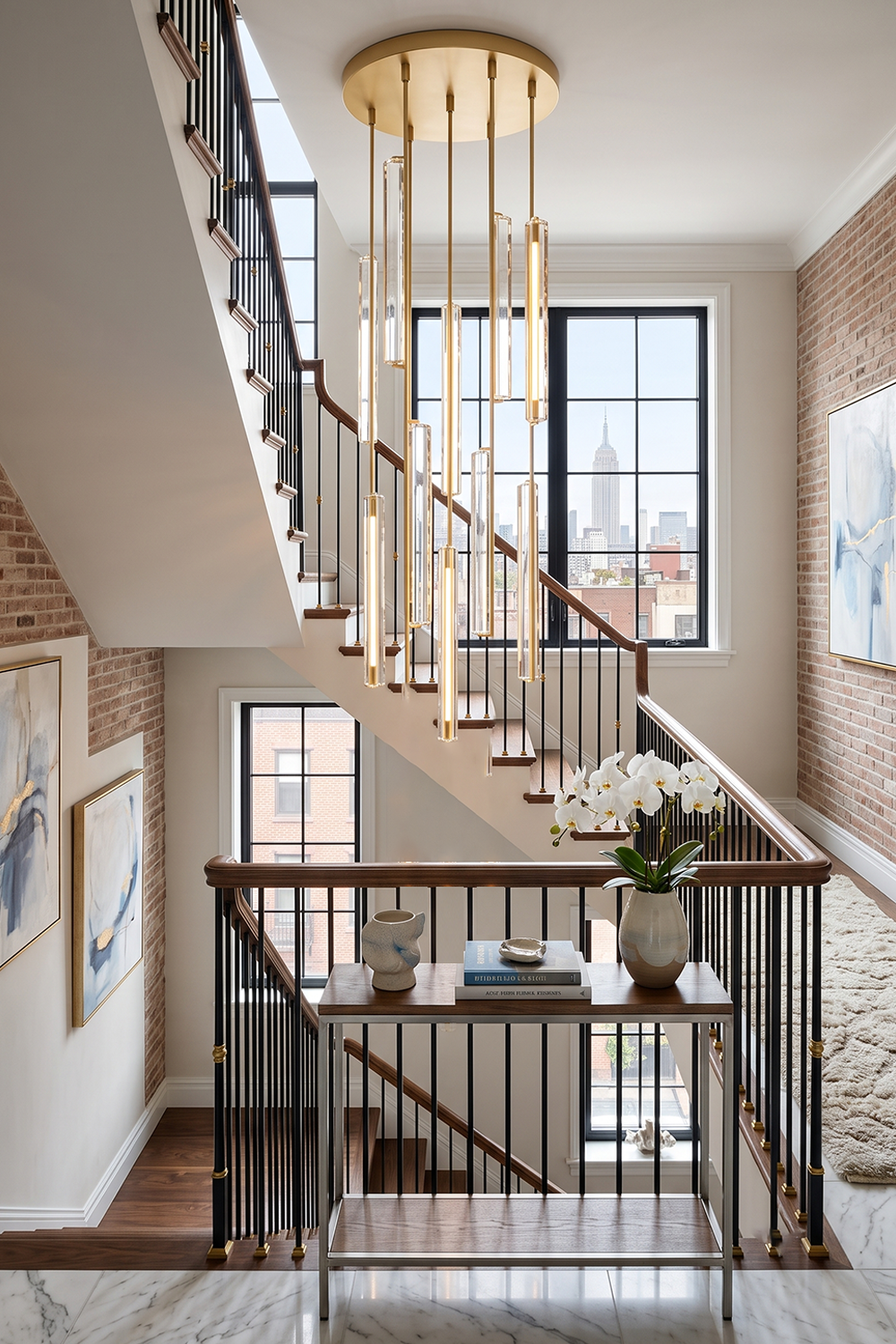 Cassian Cascading Crystal Ring Chandelier hanging over a stylish stairwell with artwork and a floral display.