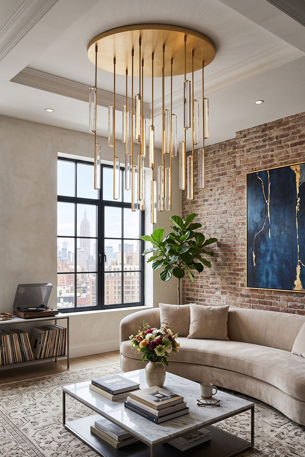 Cassian Cascading Crystal Ring Chandelier hanging in an elegant living room setting.