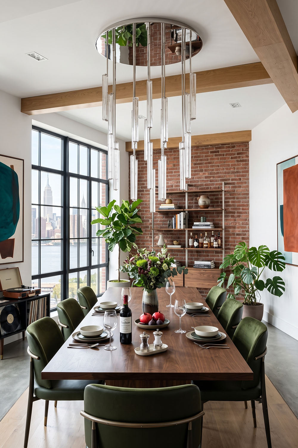 Elegant dining room featuring the Cassian Cascading Crystal Ring Chandelier, adding a touch of luxury and style.
