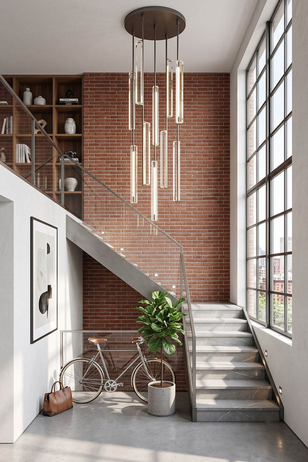 Cassian Cascading Crystal Ring Chandelier illuminating a modern stairwell with brick wall and natural light.