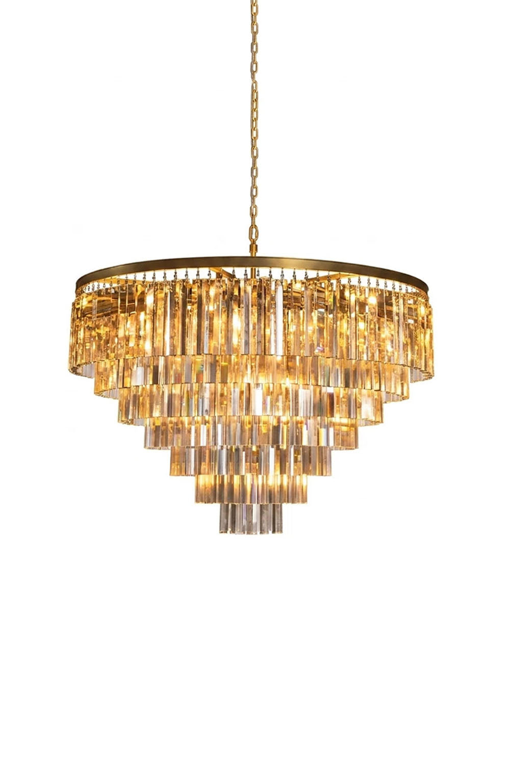 Cassian Tiered Prism Ring Chandelier | Clear Prism Glass and Brass | Front full view on a pure white background, illuminated | Samu Lamp