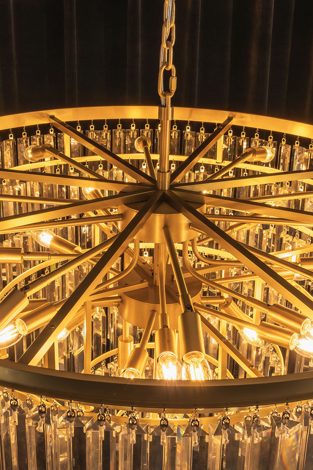 Cassian Tiered Prism Ring Chandelier | Clear Prism Glass and Brass | Bottom-up perspective showing the radial brass frame structure | Samu Lamp