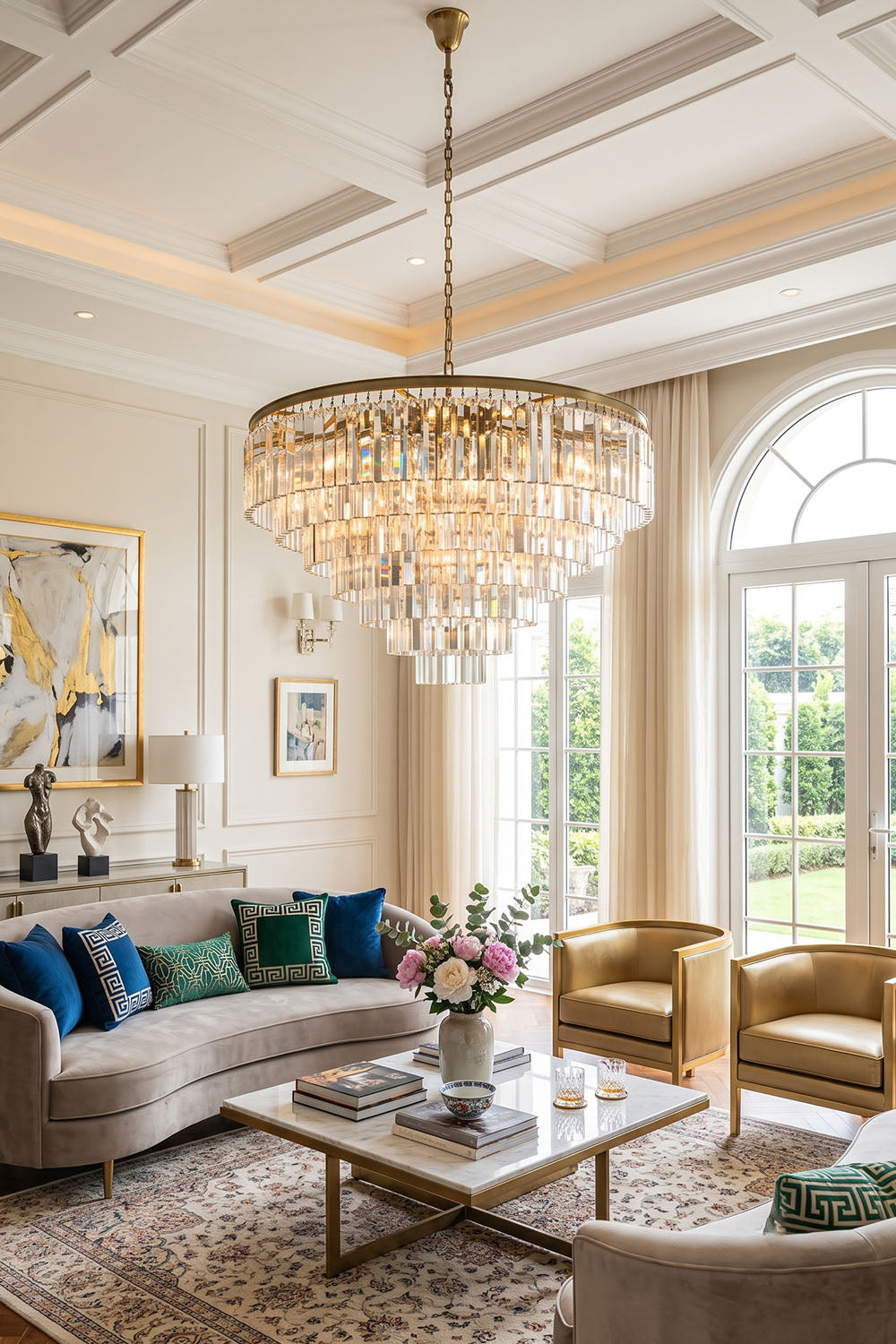 Cassian Tiered Prism Ring Chandelier | Clear Prism Glass and Brass | Displayed in an elegant living room featuring large curved windows | Samu Lamp