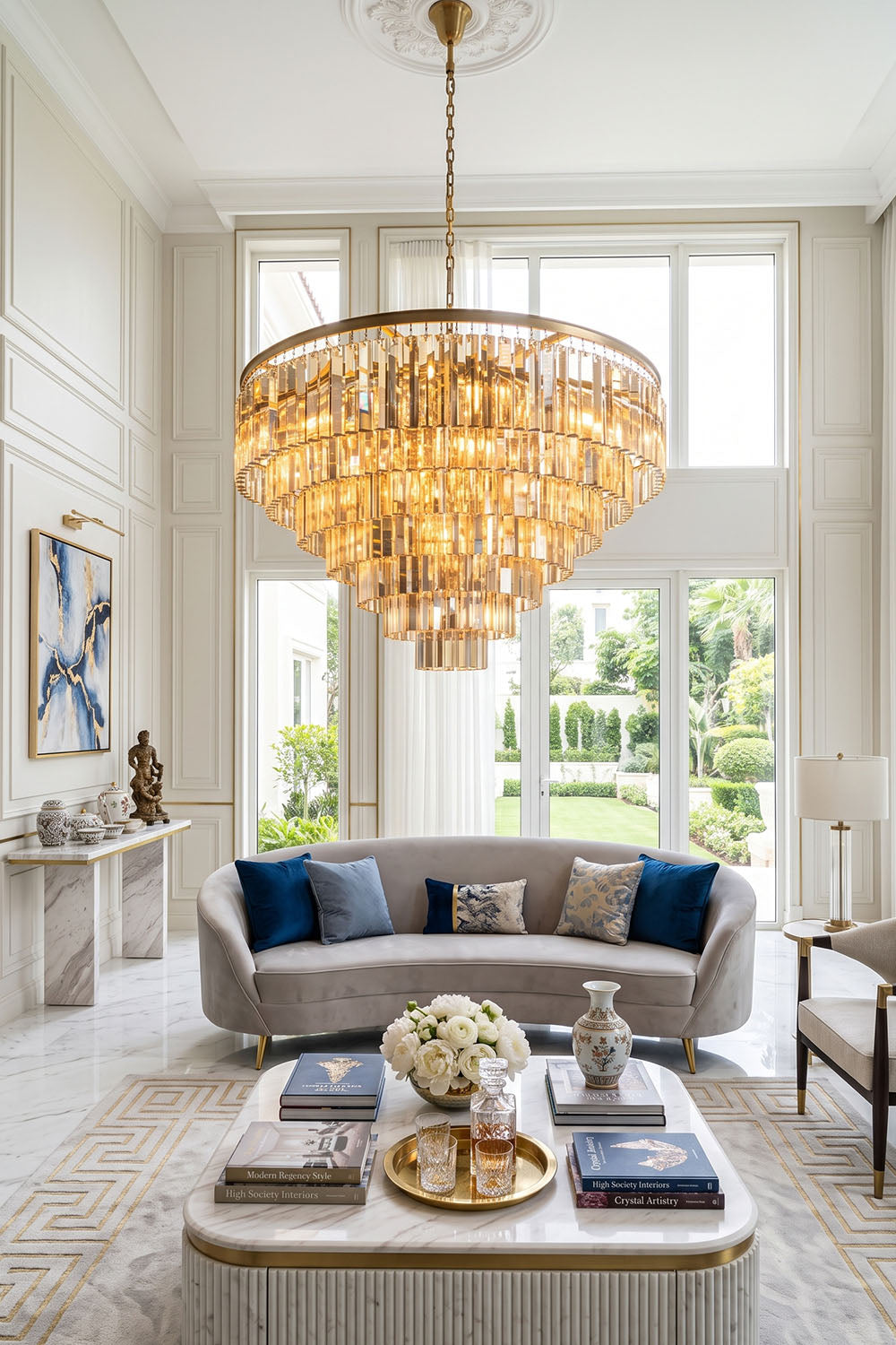 Cassian Tiered Prism Ring Chandelier | Clear Prism Glass and Brass | Enhancing a spacious high-ceiling living space with a grey sofa | Samu Lamp