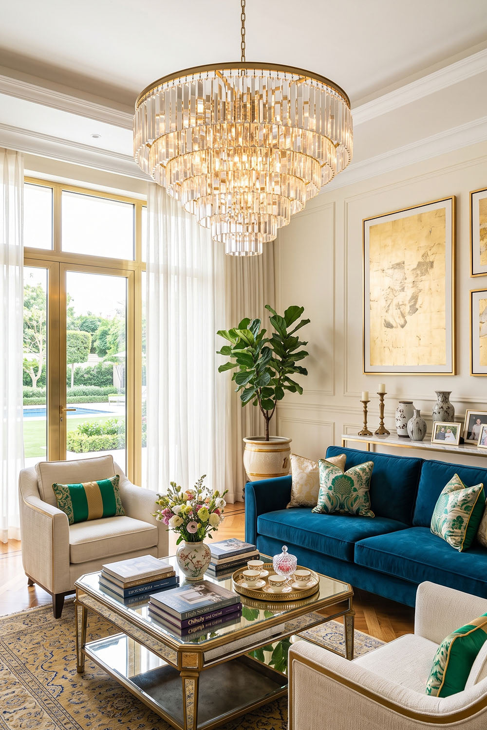 Cassian Tiered Prism Ring Chandelier | Clear Prism Glass and Brass | Hanging in a bright living room with a blue velvet sofa | Samu Lamp