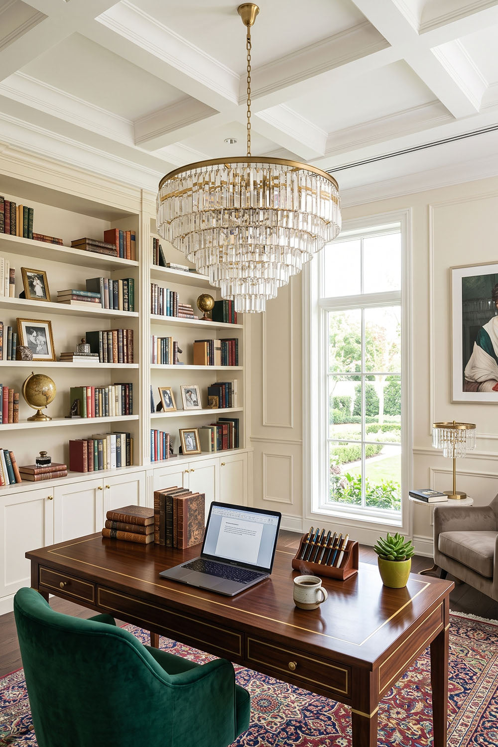 Cassian Tiered Prism Ring Chandelier | Clear Prism Glass and Brass | Illuminating a home office study with wooden desk and bookshelves | Samu Lamp