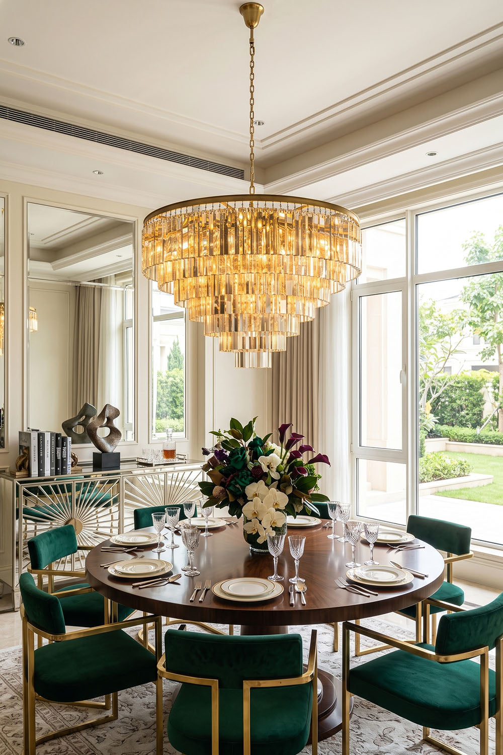 Cassian Tiered Prism Ring Chandelier | Clear Prism Glass and Brass | Centered above a round dining table with green velvet chairs | Samu Lamp