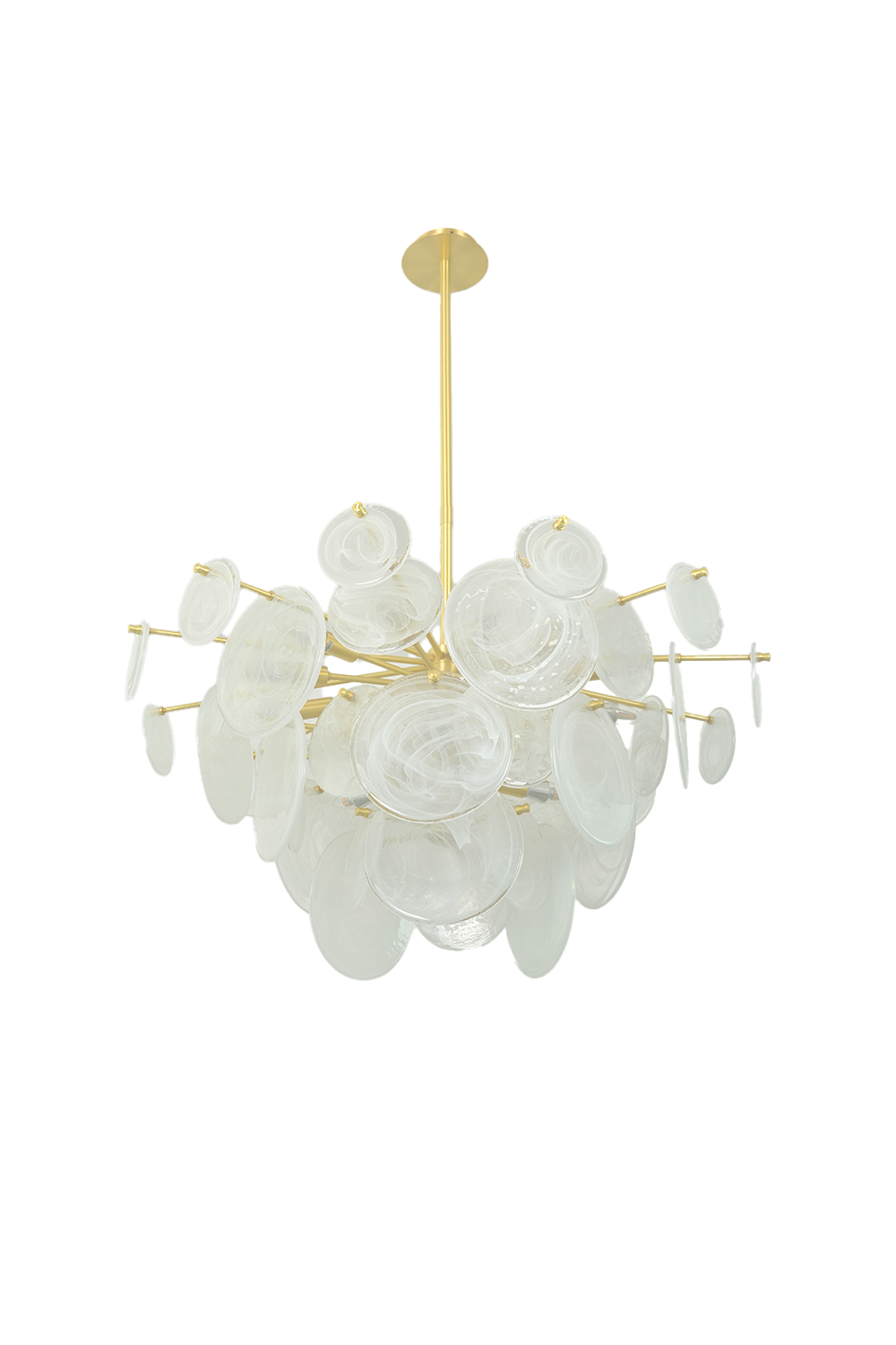 English: Celeste Glass Disc Chandelier | Glass, Metal | Elegant modern cluster chandelier featuring organic textured clear glass discs mounted on a brushed gold brass frame | Isolated product shot on white background | Samu Lamp