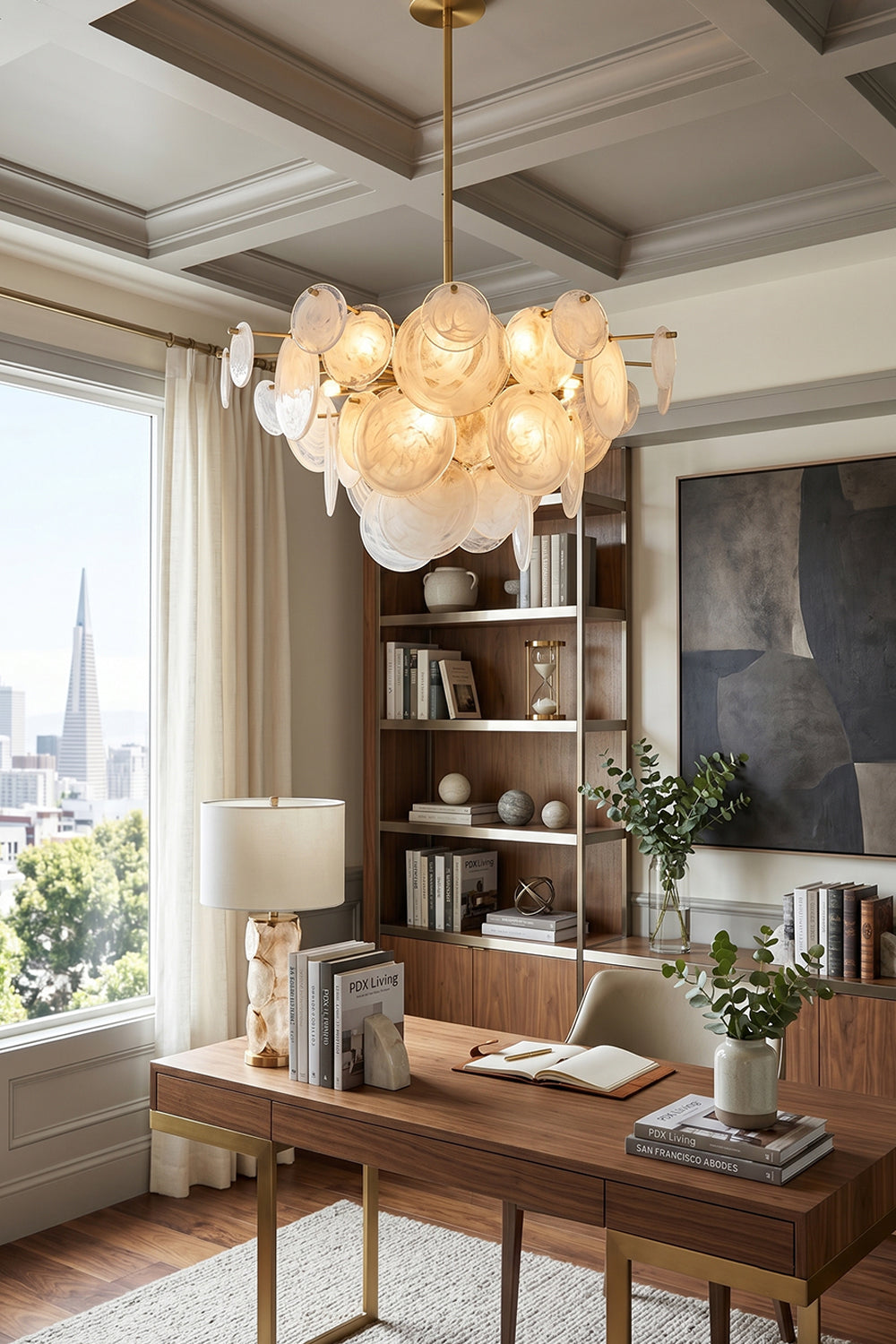 English: Celeste Glass Disc Chandelier | Glass, Metal | Alternative view of a classic home study room with the glowing glass disc chandelier centered above a wooden writing desk | Samu Lamp