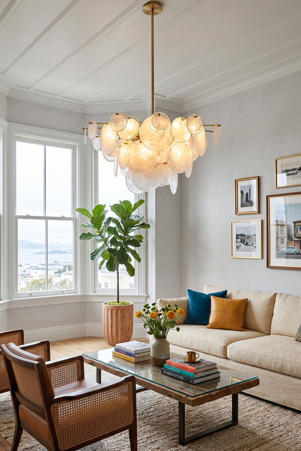 English: Celeste Glass Disc Chandelier | Glass, Metal | Hanging in a cozy contemporary living room with a cream sofa, brown leather armchair, and large indoor potted plant | Samu Lamp