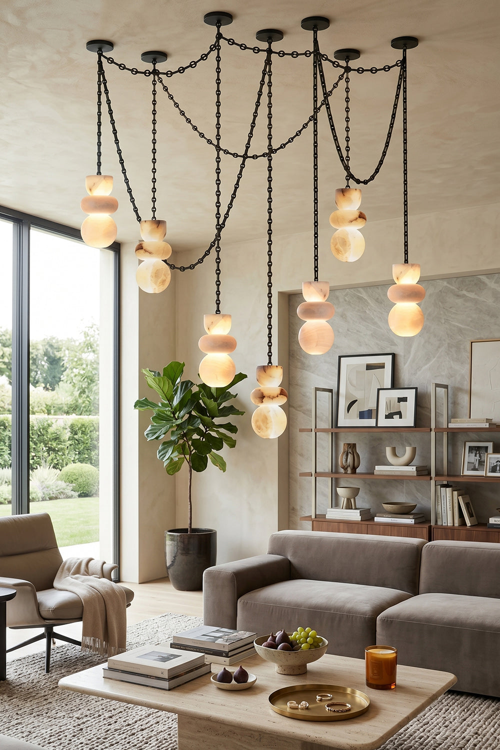 Celestial Alabaster Chandelier | Alabaster, Metal | Feature lighting in modern living room over coffee table | Samu Lamp