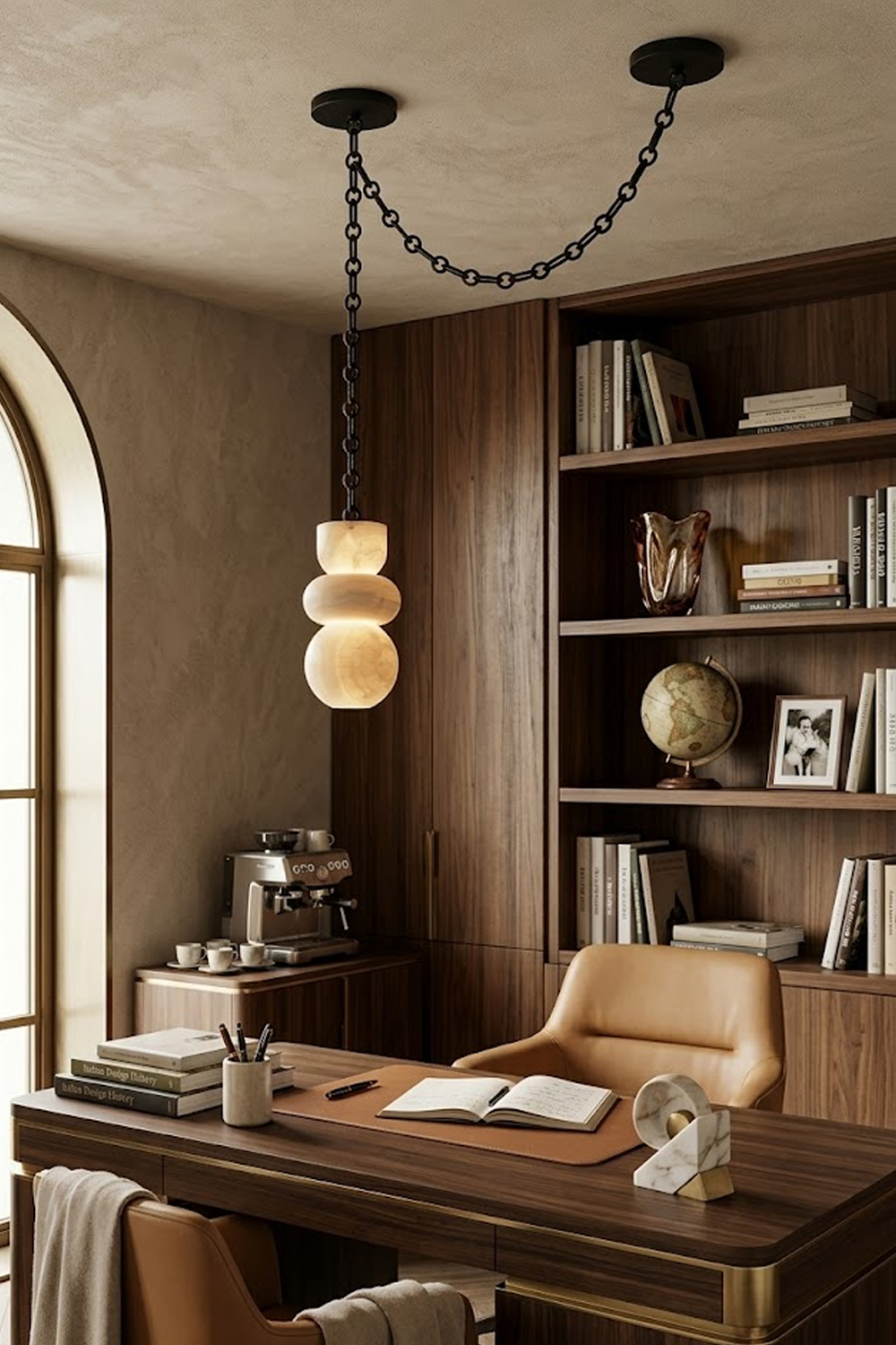 Celestial Alabaster Chandelier | Alabaster, Metal | Single pendant version in a dark wood home office | Samu Lamp