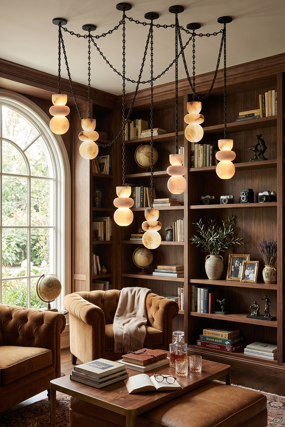 Celestial Alabaster Chandelier | Alabaster, Metal | Grand multi-light fixture in a traditional library interior | Samu Lamp