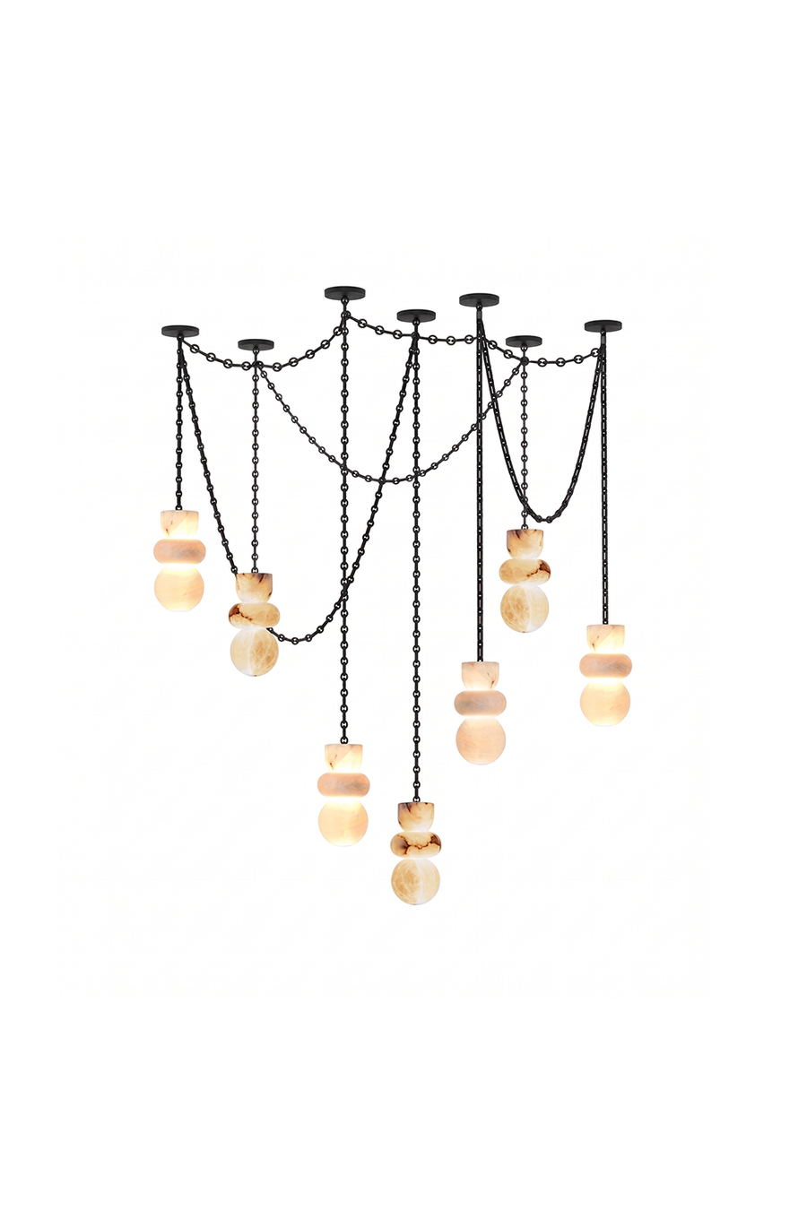 Celestial Alabaster Chandelier | Alabaster, Metal | Multi-light spider design with black chains | Isolated on white | Samu Lamp