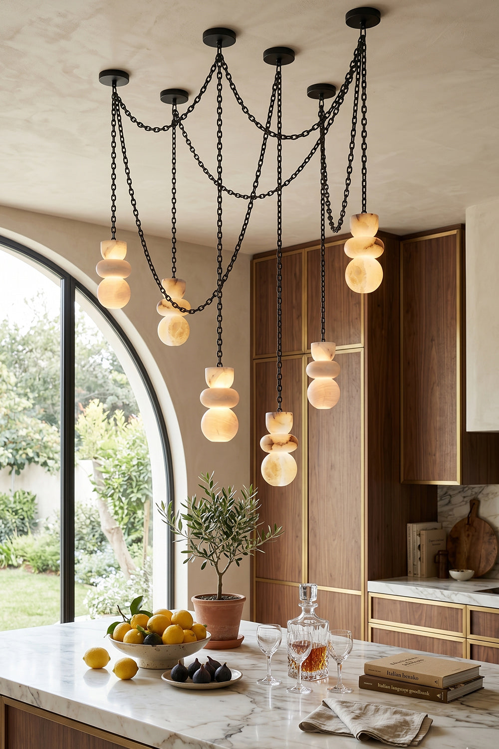 Celestial Alabaster Chandelier | Alabaster, Metal | Cluster lighting over a marble kitchen island | Samu Lamp