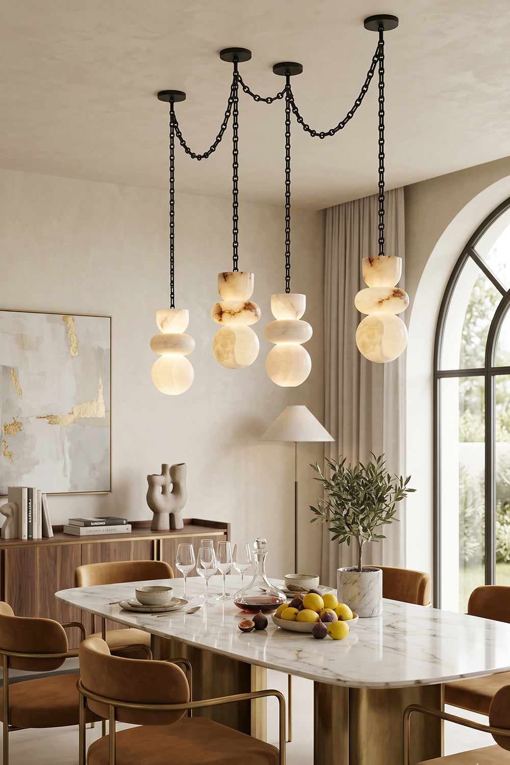 Celestial Alabaster Chandelier | Alabaster, Metal | Swag mount installation in a sophisticated dining room | Samu Lamp