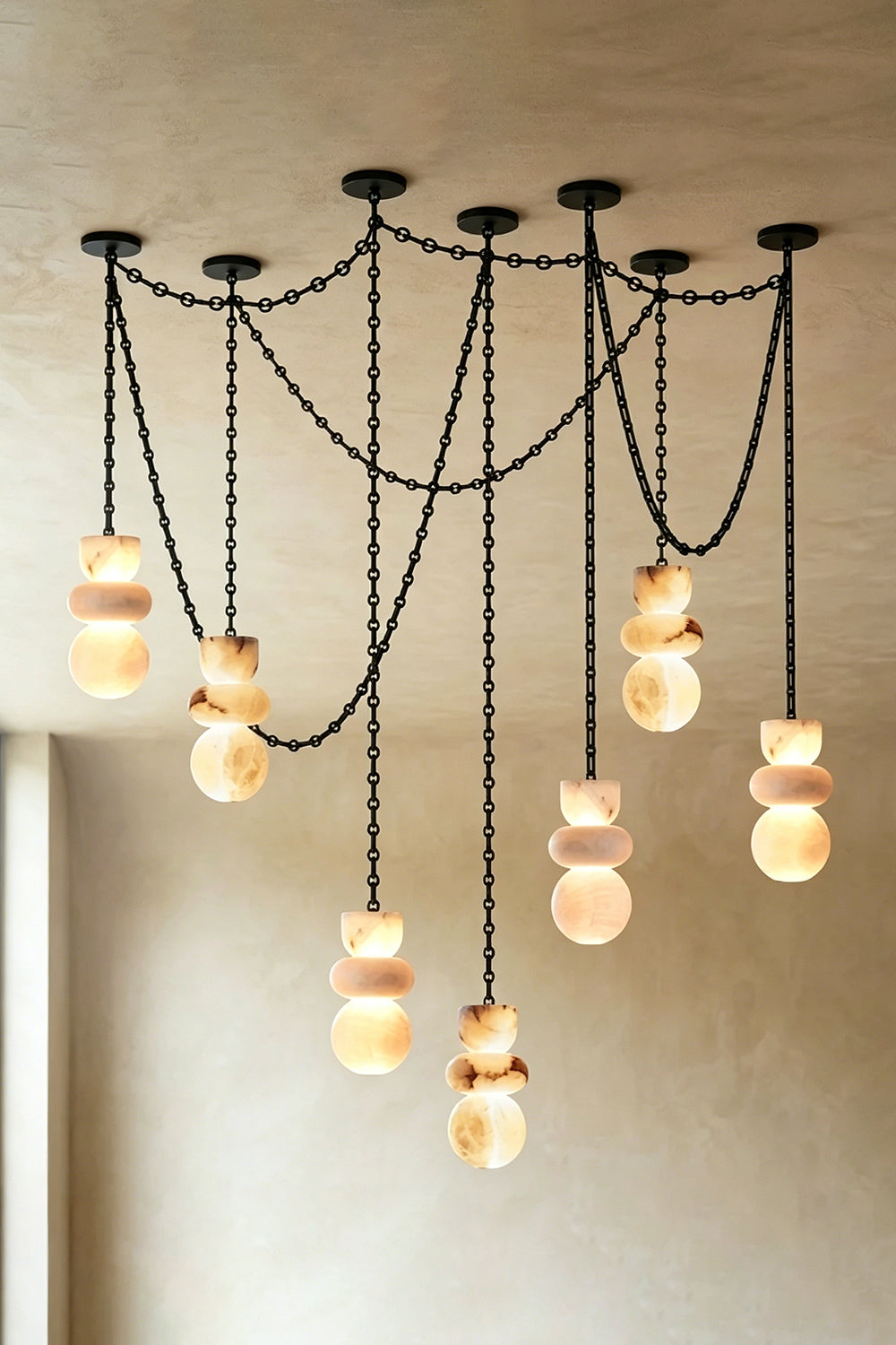 Celestial Alabaster Chandelier | Alabaster, Metal | Six-light sprawling spider design with lit shades | Samu Lamp