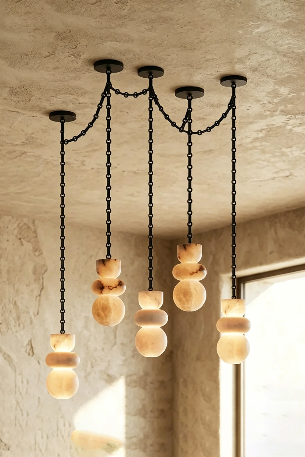 Celestial Alabaster Chandelier | Alabaster, Metal | Four-light spider configuration against beige wall | Samu Lamp