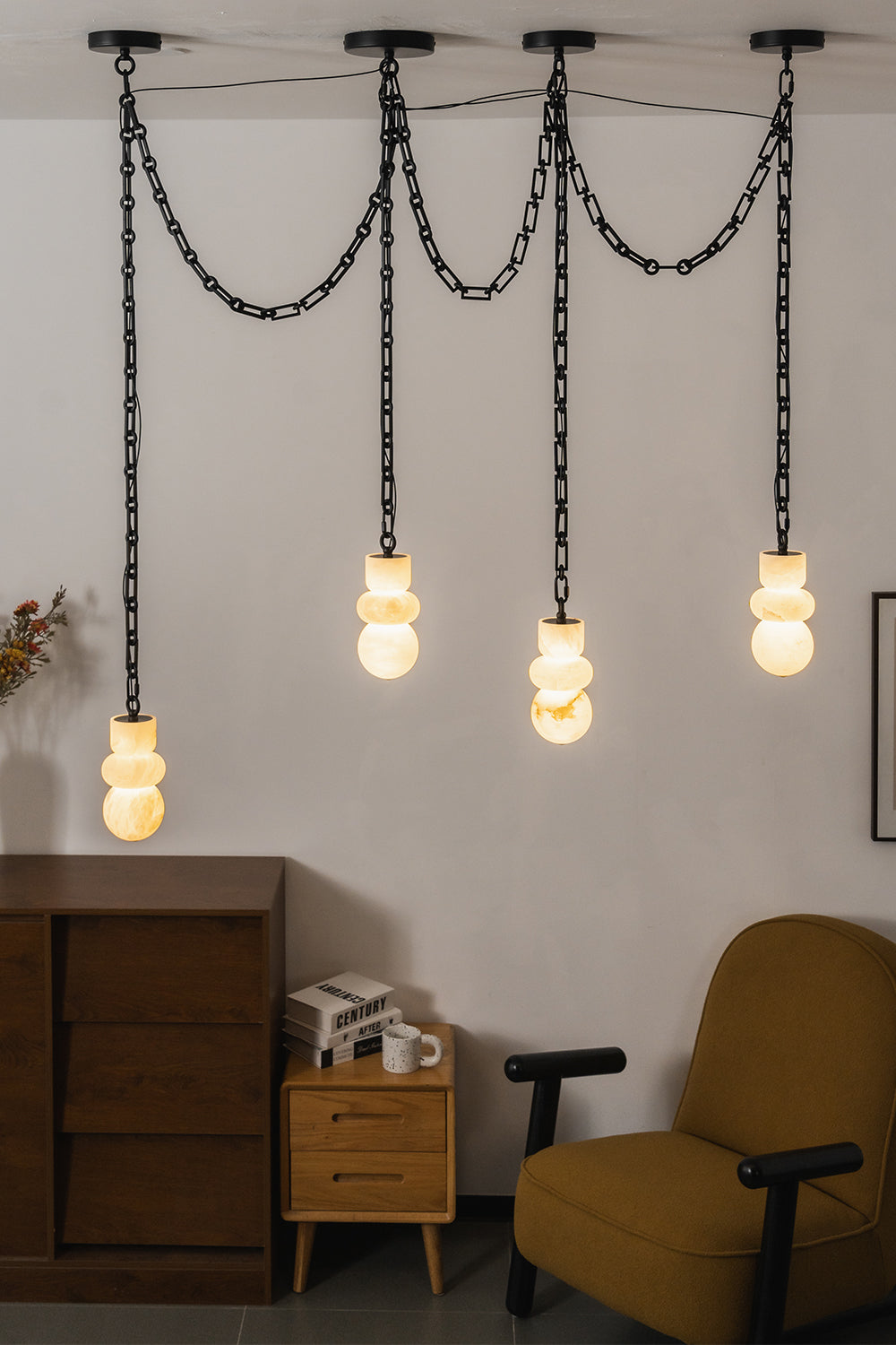 Celestial Alabaster Chandelier | Alabaster, Metal | Linear pendant arrangement in a minimalist workspace | Samu Lamp