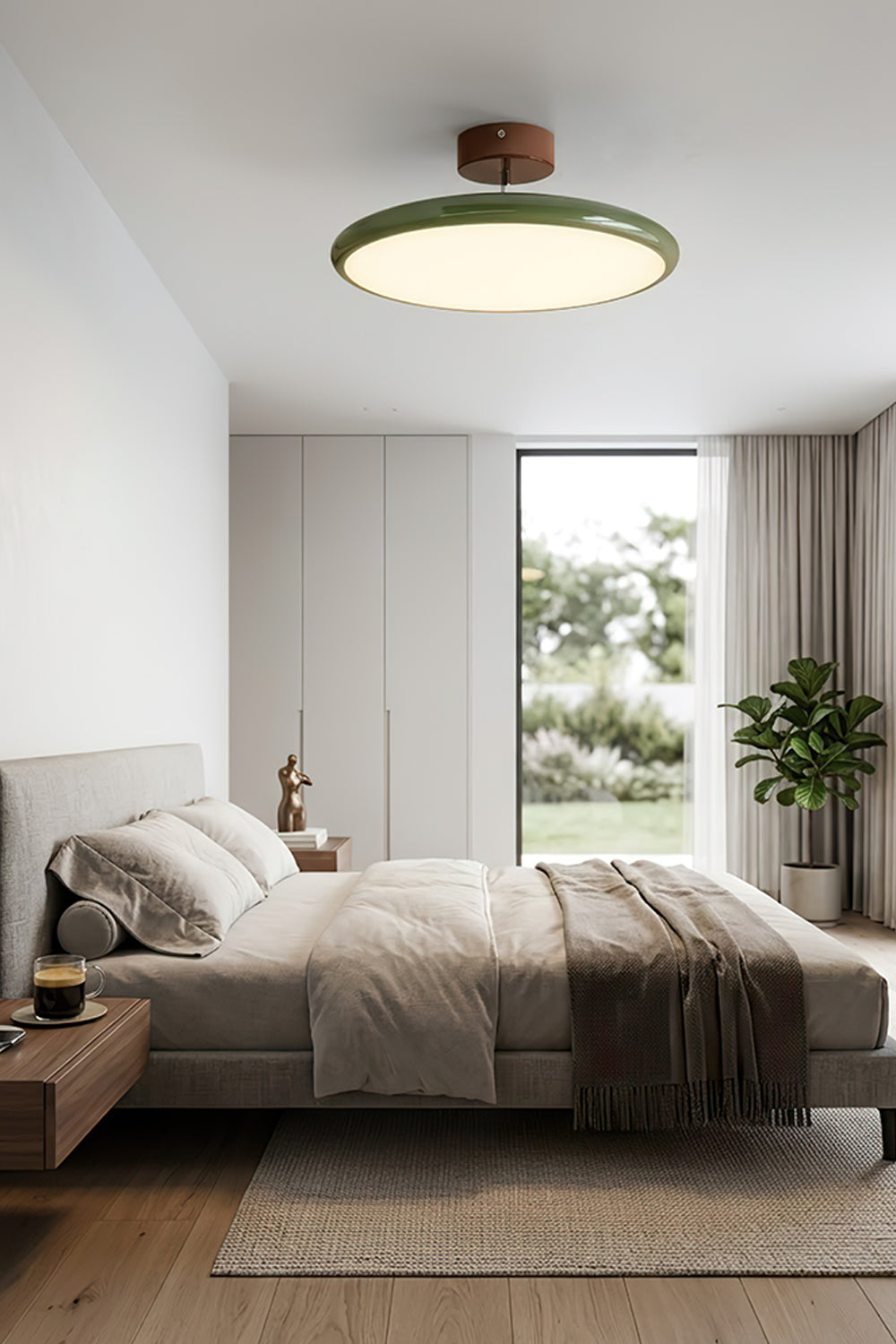 Celestial Disc Lacquered Ceiling Light | Acrylic, Metal | A broader view of the modern bedroom from Image 2, looking towards the large windows with the illuminated ceiling light against a serene background | Samu LampCelestial Disc