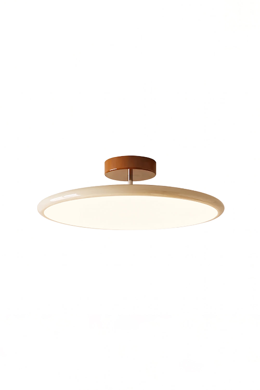 Celestial Disc Lacquered Ceiling Light | Acrylic, Metal | Illuminated large circular disc light with white diffuser, beige lacquered trim, and dark wood-finish canopy | Isolated product shot on white background | Samu LampCelestial Disc