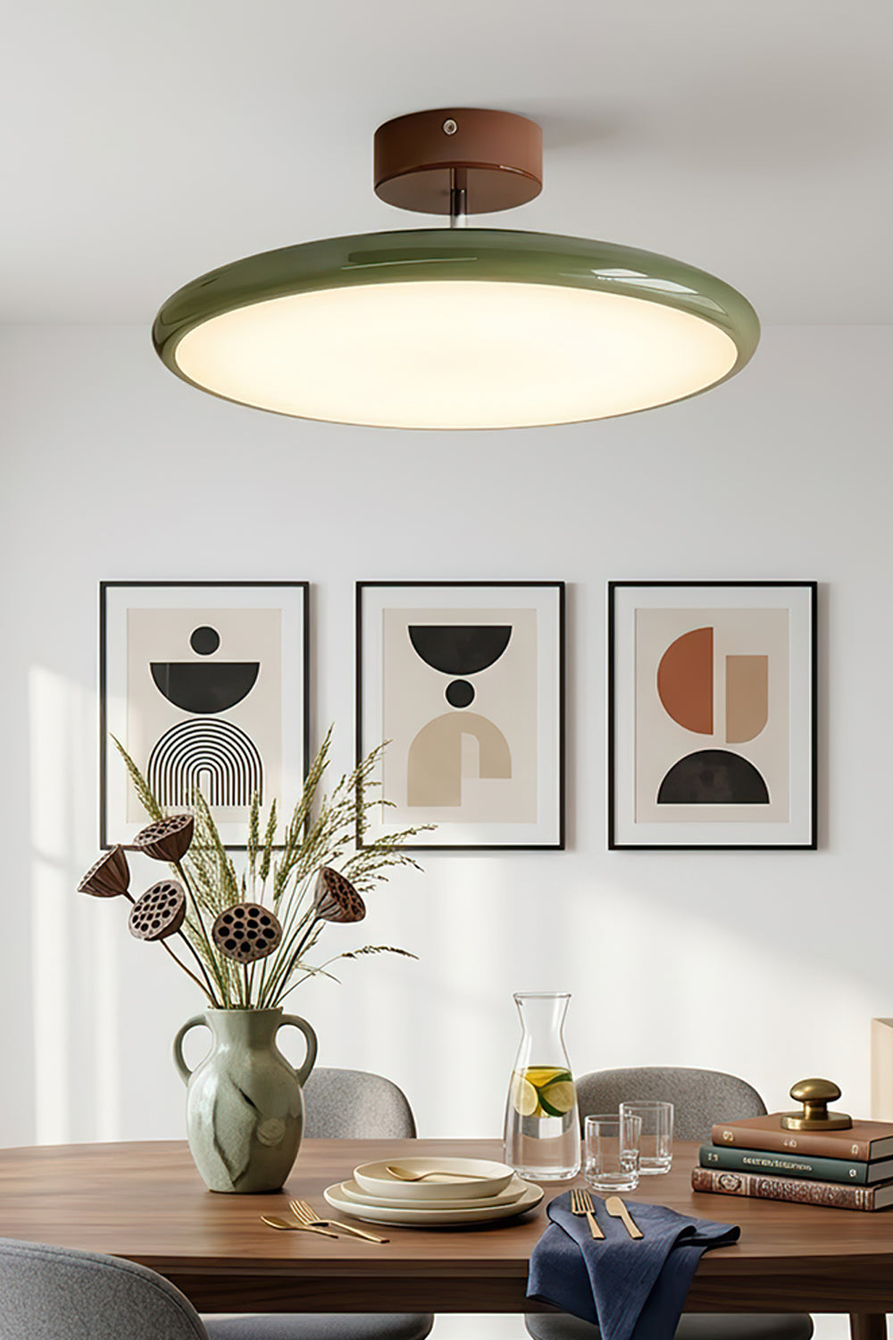 Celestial Disc Lacquered Ceiling Light | Acrylic, Metal | Beige lacquered trim variant installed and illuminated in a clean, contemporary kitchen with white cabinets and stainless steel appliances | Samu LampCelestial Disc
