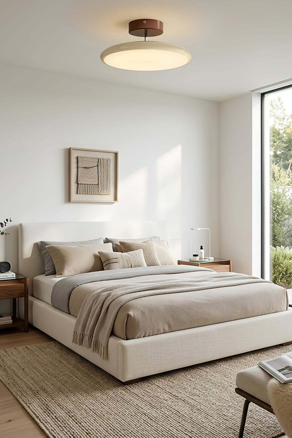 Celestial Disc Lacquered Ceiling Light | Acrylic, Metal | Installed and illuminated light providing warm ambiance in a clean, modern bedroom with neutral tones and a tufted headboard bed | Samu LampCelestial Disc