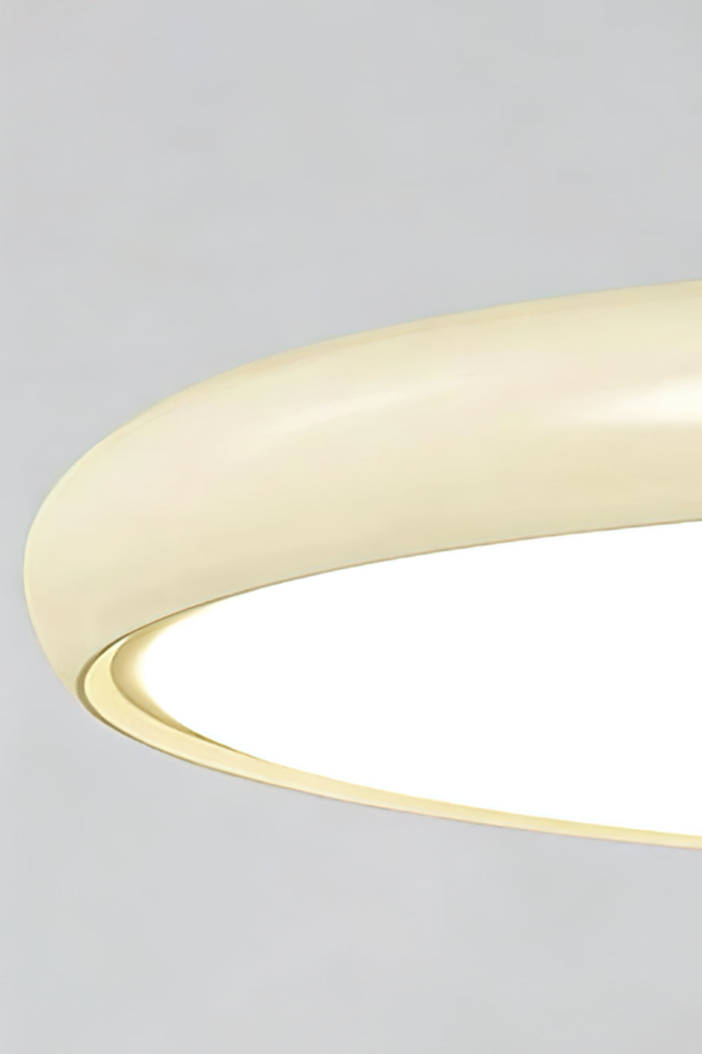 Celestial Disc Lacquered Ceiling Light | Acrylic, Metal | Close-up focus on the beige lacquered trim and the connecting dark wood canopy details | Detail shot | Samu LampCelestial Disc