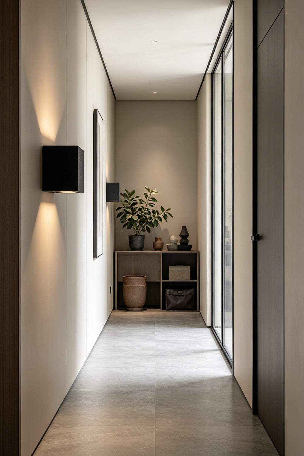 Celestial Tectonic Black Travertine Wall Lamp | Black Travertine | Wall installation in a long minimalist hallway | Samu Lamp