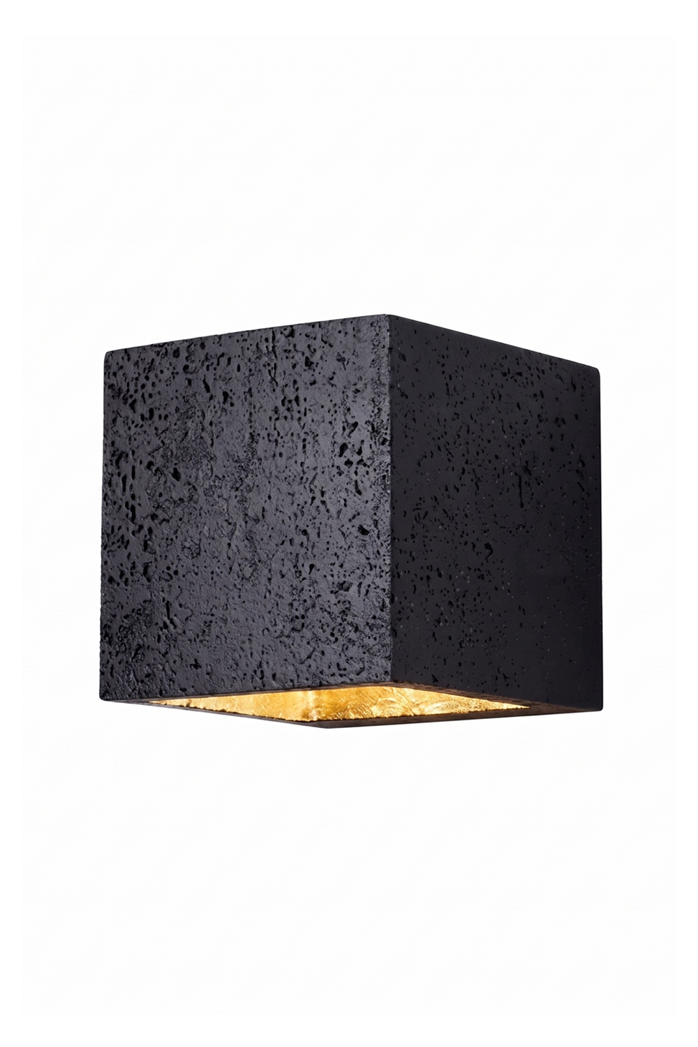 Celestial Tectonic Black Travertine Wall Lamp | Black Travertine | Cubic form, porous stone texture, gold leaf interior | Isolated on white | Samu Lamp