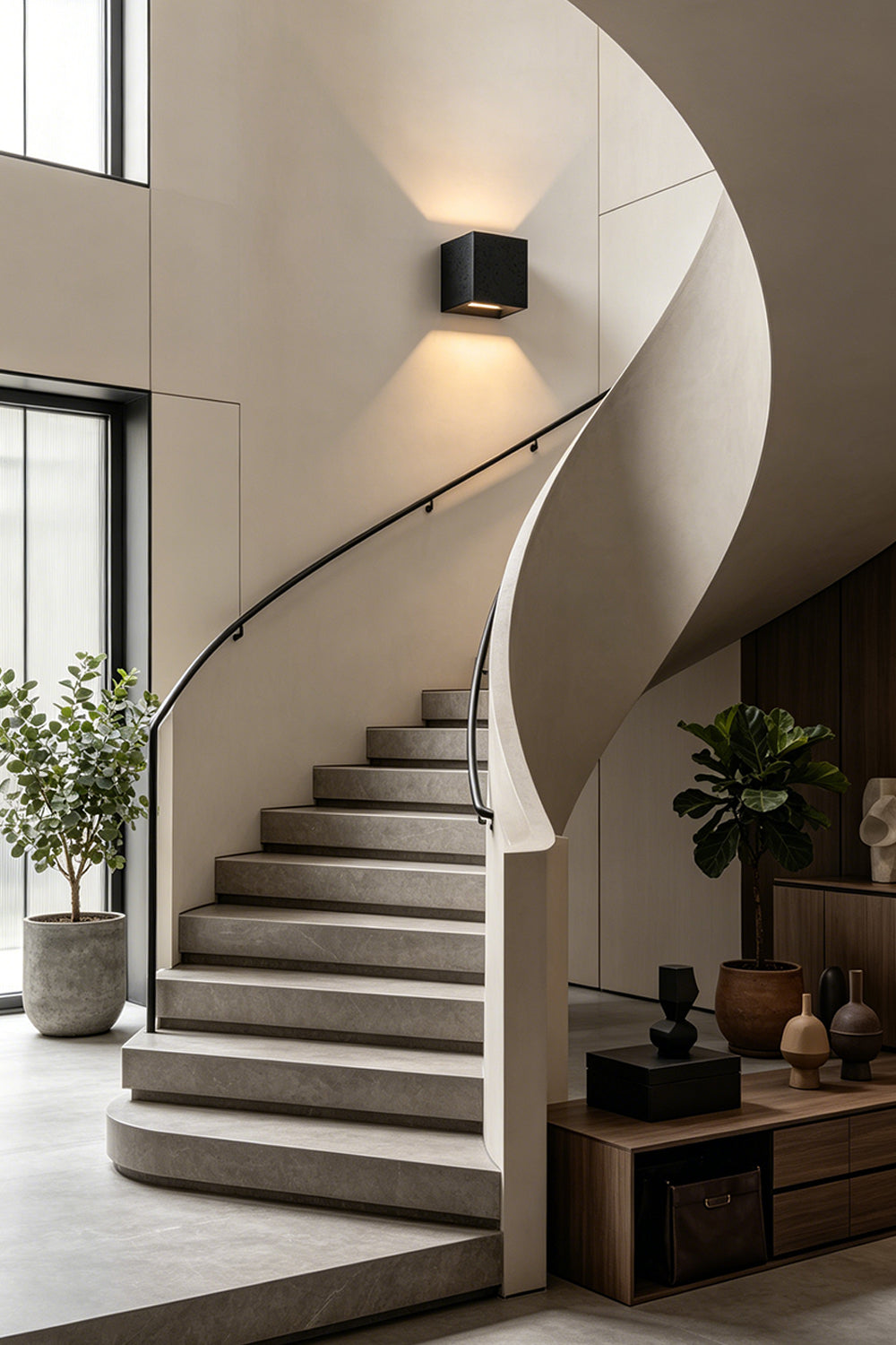 Celestial Tectonic Black Travertine Wall Lamp | Black Travertine | Mounted on wall beside a modern spiral staircase | Samu Lamp