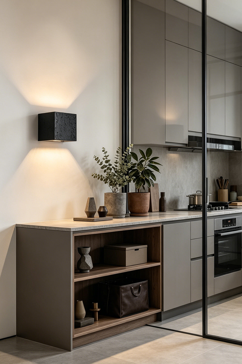 Celestial Tectonic Black Travertine Wall Lamp | Black Travertine | Accent lighting above a minimalist kitchen counter | Samu Lamp