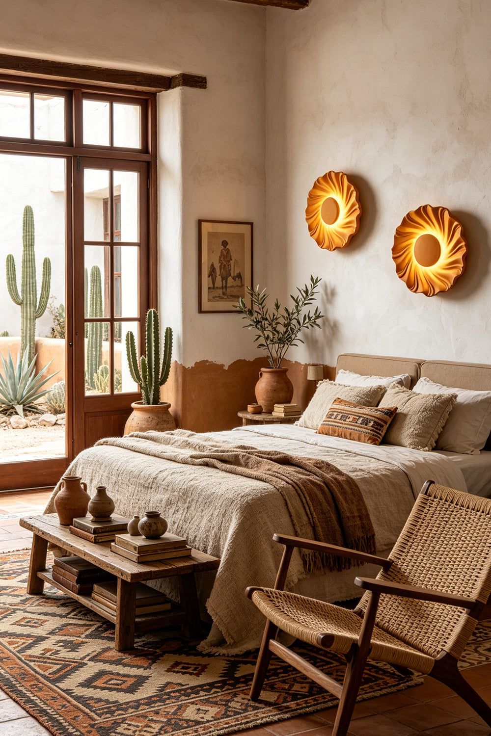 Centripetal Solstice Metal Wall Lamp | Metal, Resin | A pair of wood grain textured lamps used as bedside lighting in a cozy, bohemian-style bedroom with a woven armchair and woven textiles | Samu Lamp