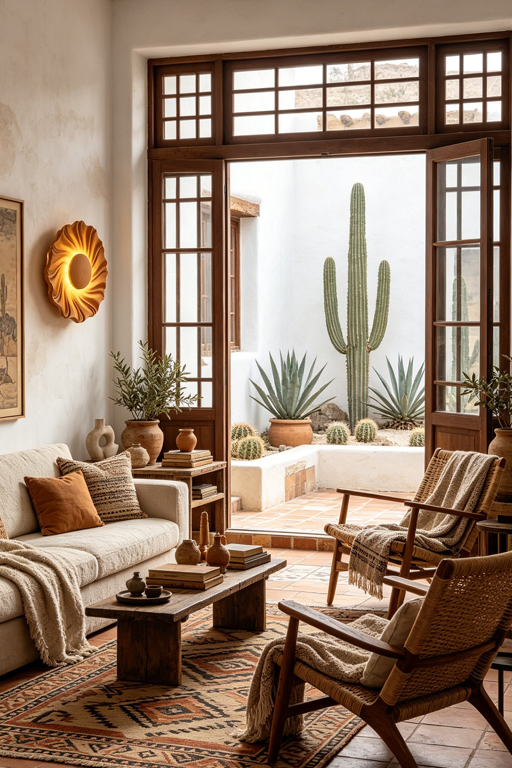 Centripetal Solstice Metal Wall Lamp | Metal, Resin | Orange textured lamp adding a warm light to a modern living room featuring large windows, a rustic wood table, and a desert-themed patio with cacti | Samu Lamp