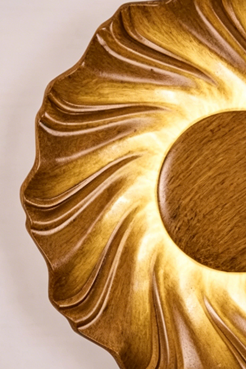 Centripetal Solstice Metal Wall Lamp | Metal, Resin | Close-up of the wood grain textured lamp, showing the detailed resin surface and the central disc | Samu Lamp