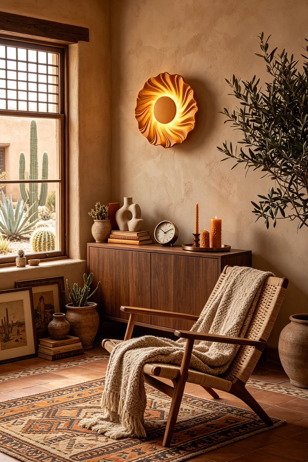 Centripetal Solstice Metal Wall Lamp | Metal, Resin | Black textured lamp providing warm glow on a textured plaster wall in a southwestern-style living room with a wooden armchair and potted plants | Samu Lamp