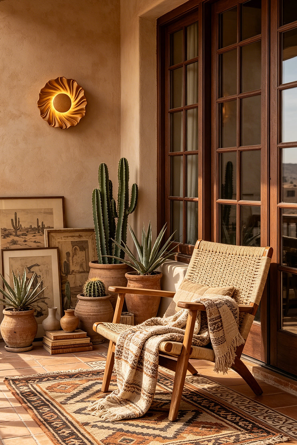 Centripetal Solstice Metal Wall Lamp | Metal, Resin | Wood grain textured lamp mounted on a patterned feature wall in a cozy southwestern-style living room | Samu Lamp
