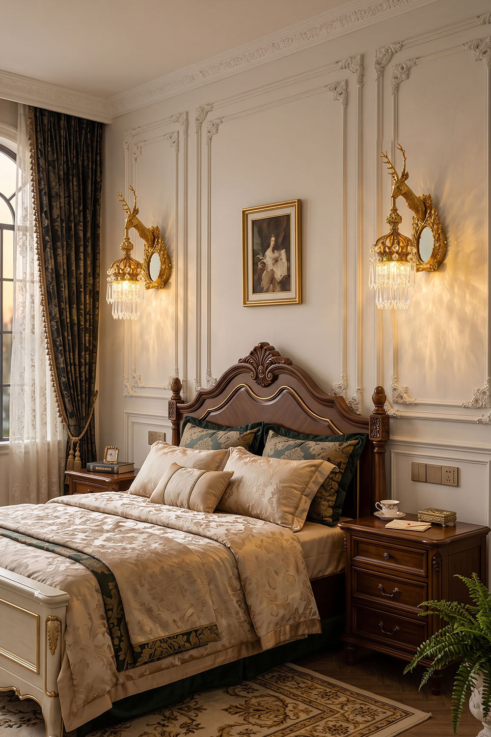 Cerfaline Brass Stag Head K9 Crystal Wall Sconce | Brass and Crystal | Flanking a wooden bed in a cozy bedroom | Samu Lamp