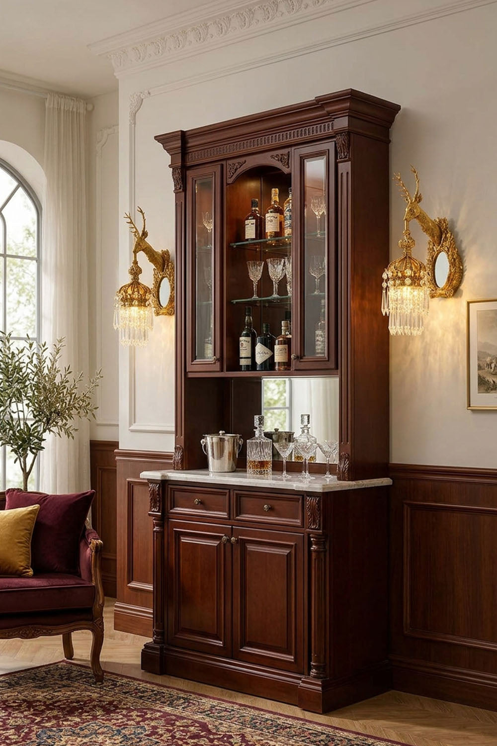 Cerfaline Brass Stag Head K9 Crystal Wall Sconce | Brass and Crystal | Flanking a dark wood home bar cabinet | Samu Lamp