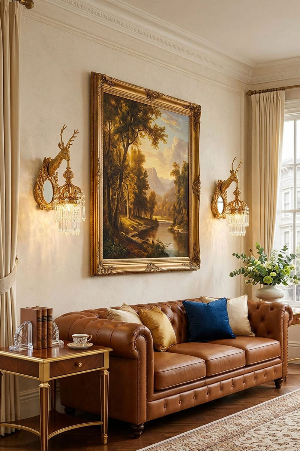 Cerfaline Brass Stag Head K9 Crystal Wall Sconce | Brass and Crystal | Flanking an oil painting over a sofa | Samu Lamp