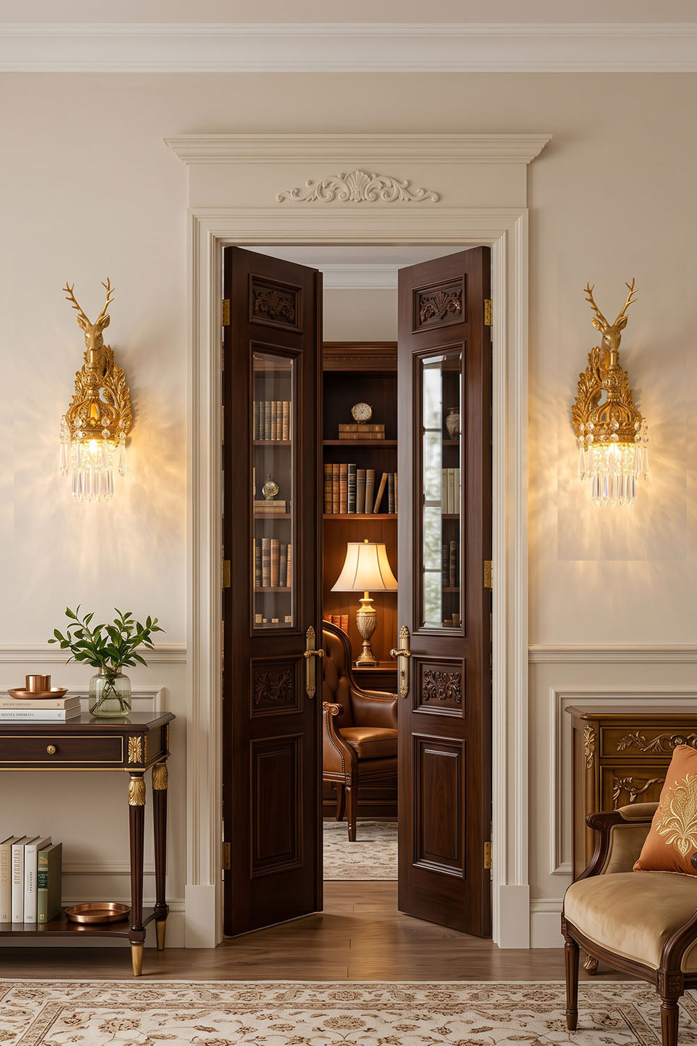 Cerfaline Brass Stag Head K9 Crystal Wall Sconce | Brass and Crystal | Flanking double doors to a library room | Samu Lamp