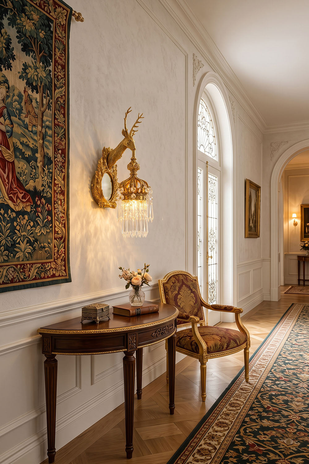 Cerfaline Brass Stag Head K9 Crystal Wall Sconce | Brass and Crystal | In a classic hallway with console table | Samu Lamp