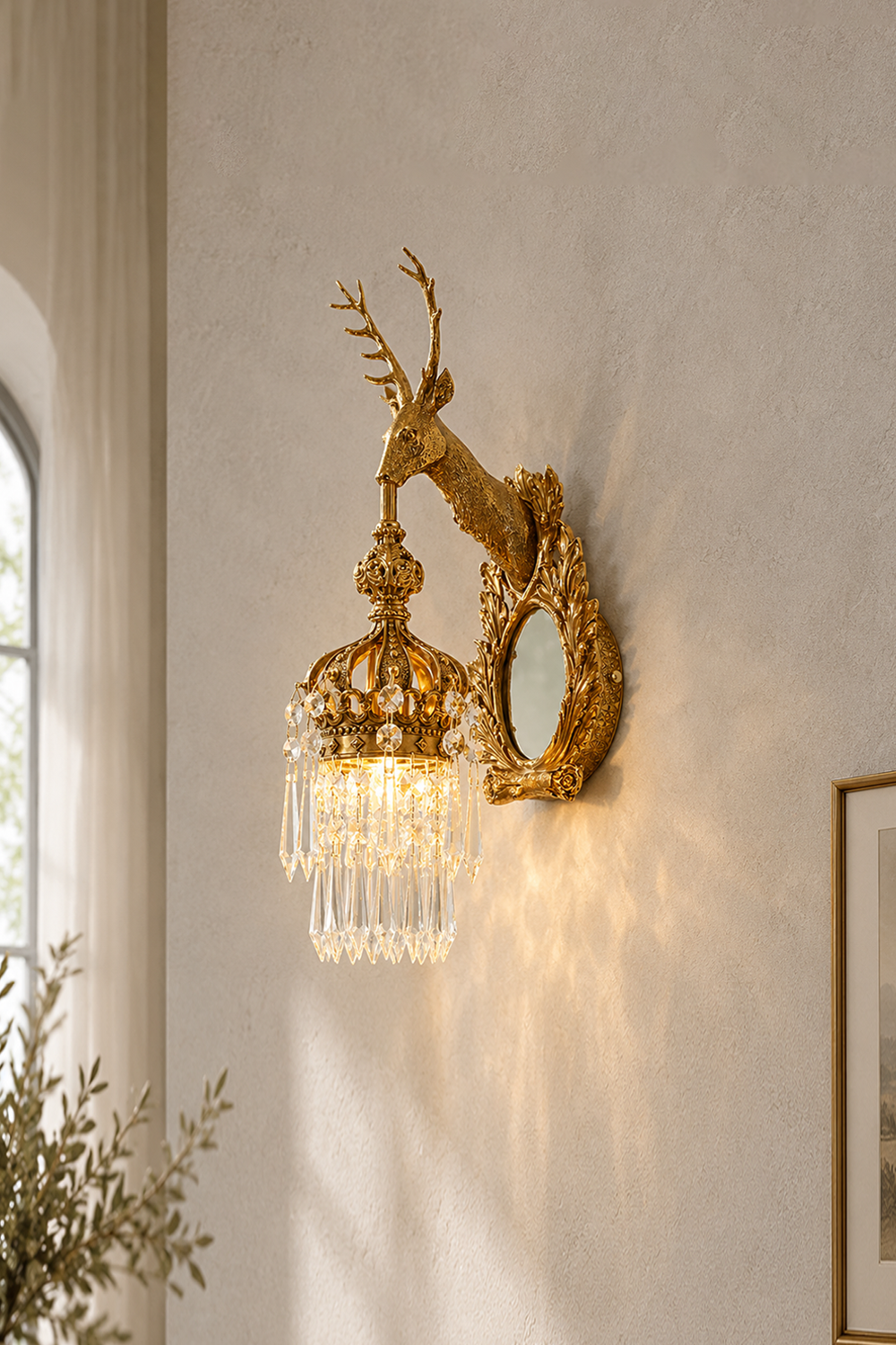Cerfaline Brass Stag Head K9 Crystal Wall Sconce | Brass and Crystal | Glowing warmly mounted on a neutral wall | Samu Lamp