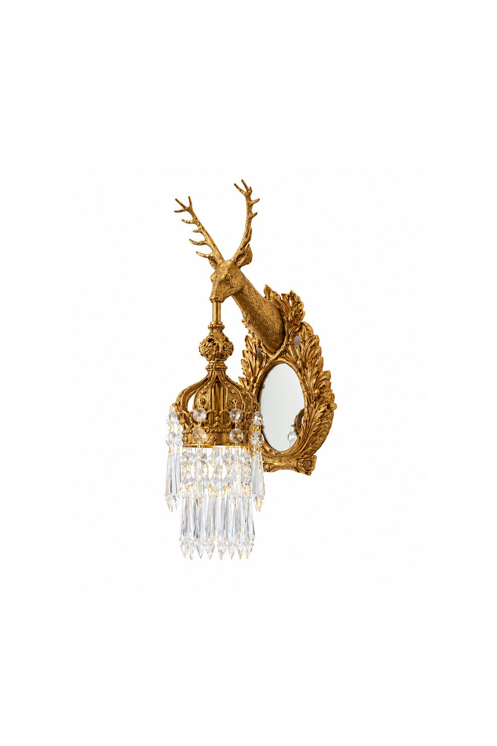 Cerfaline Brass Stag Head K9 Crystal Wall Sconce | Brass and Crystal | Front 3/4 view on white background, lit | Samu Lamp