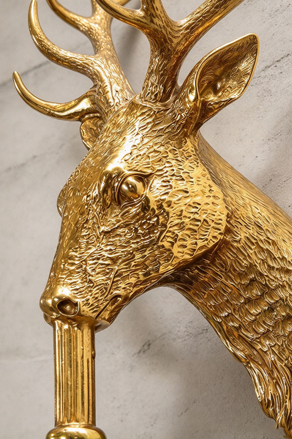 Cerfaline Brass Stag Head K9 Crystal Wall Sconce | Brass and Crystal | Close-up profile of the brass stag head | Samu Lamp